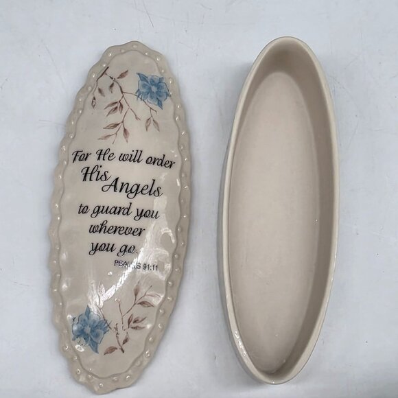 Ceramic Trinket Box With Religious Quote Blue Floral Design Oval Shape 5.5" - Picture 6 of 7